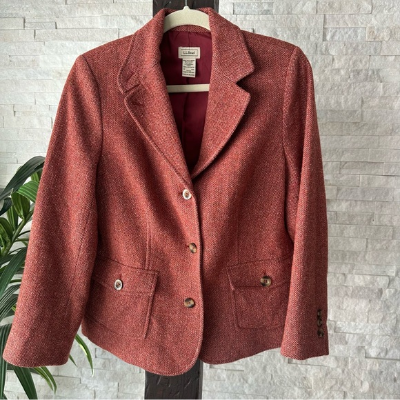 L. L. Bean Tweed Herringbone Wool Silk Orange Red Blazer Jacket Size Regular M - Picture 1 of 7